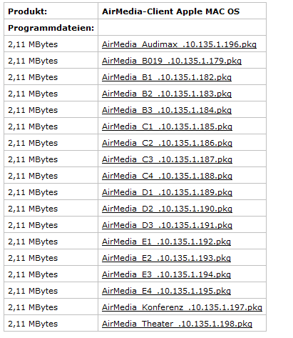 Download des AirMedia-Clients im Softwareportal, Auswahl des Raums