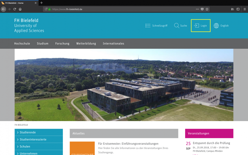 Benutzerdaten im Login-Bereich der Fachhochschule Bielefeld eingeben.