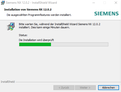 Siemens NX Installationsfortschritt