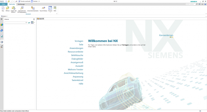 Siemens NX Startbildschirm