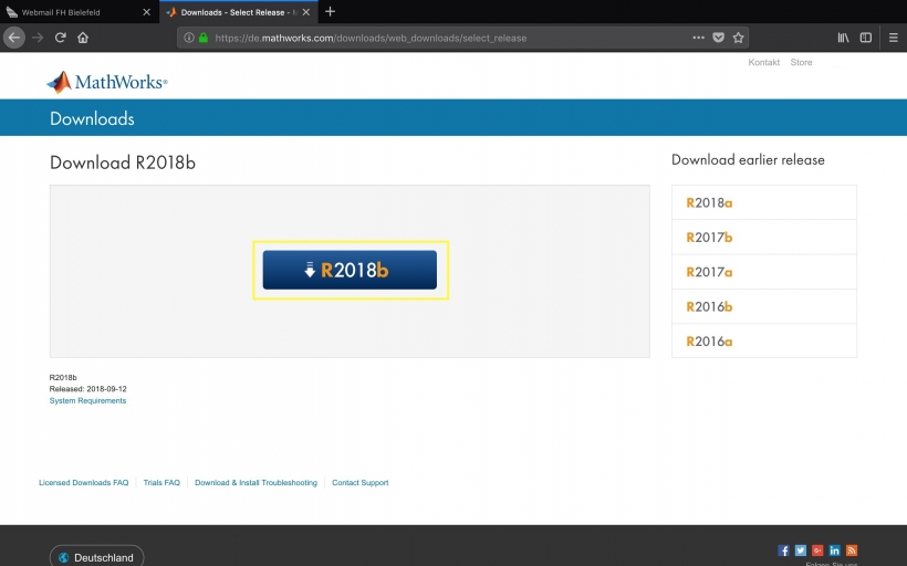 Mathlab 2018b auswählen.