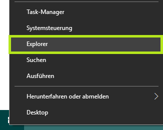 Das Kontextmenü des Windows Buttons ist zu sehen. Der Punkt Explorer ist hervorgehoben.