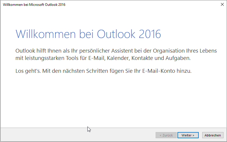 Willkommensdialog bei Outlook