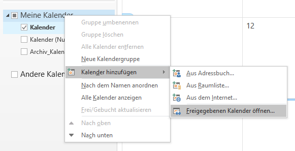 Outlook Menü Freigegebenen Kalender öffnen