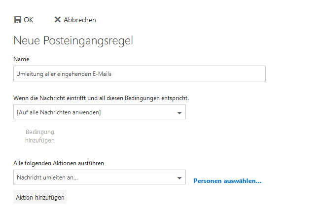 weiterleitung einrichten-Posteingangsregel füllen