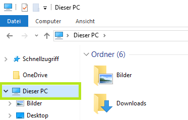 Ein Menüausschnitt des Explorers. Der Punkt Dieser PC ist hervorgehoben.