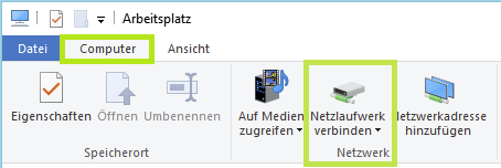 Ein Ausschnitt des Menüs im Explorer. Die Felder Computer und Netzlaufwerk verbinden sind hervorgehoben.