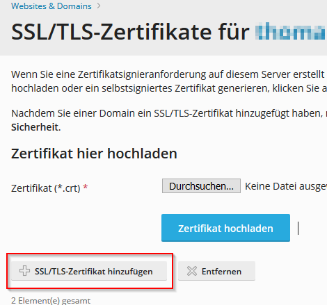 Plesk: Zertifikat hinzufügen aufrufen