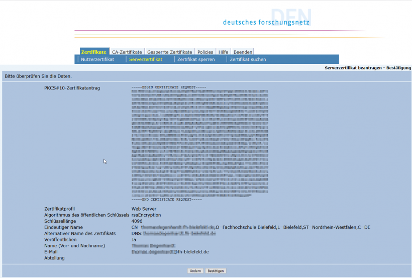 Plesk: Zertifikatsantrag beim DFN bestätigen