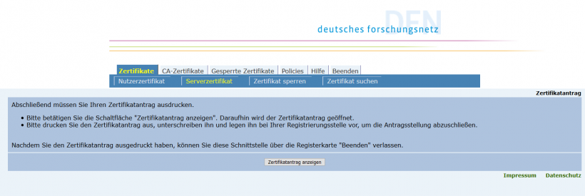 Plesk: Zertifikatsantrag beim DFN anzeigen