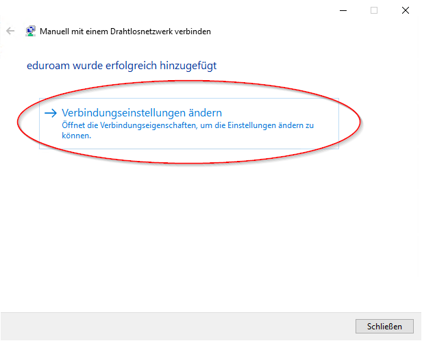 Anzeige eduroam wurde erfolgreich angelegt