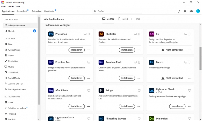 Adobe CC: Applikationen installieren