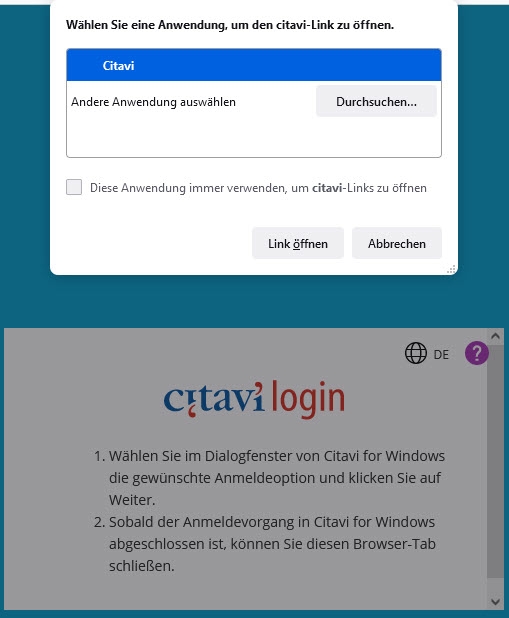 Citavi-Anwendung zum Öffnen auswählen