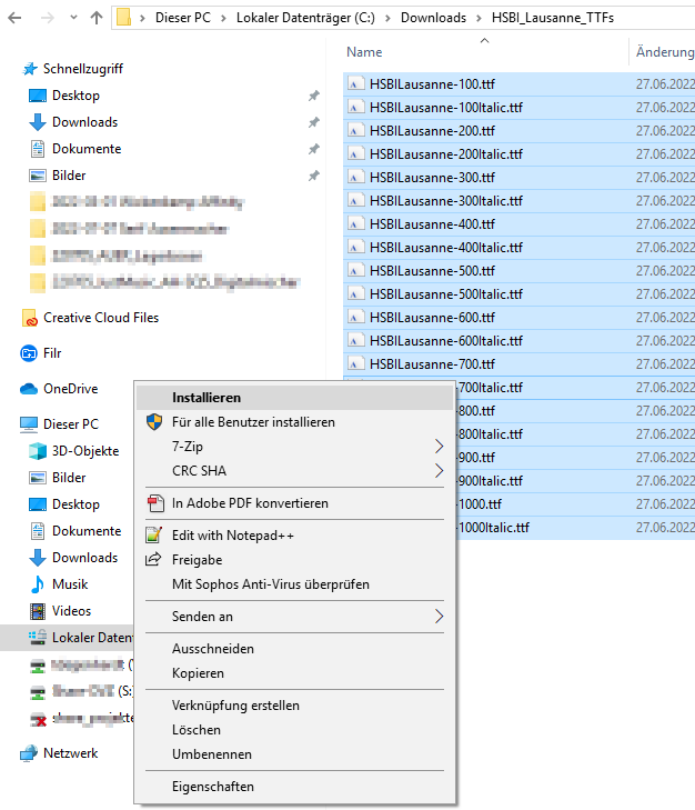 Markierung aller Schriftarten und Auswahl von installieren
