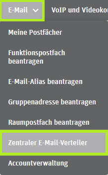 Benutzerverwaltung: Auswahl des Punktes E-Mail und Zentraler E-Mail-Verteiler