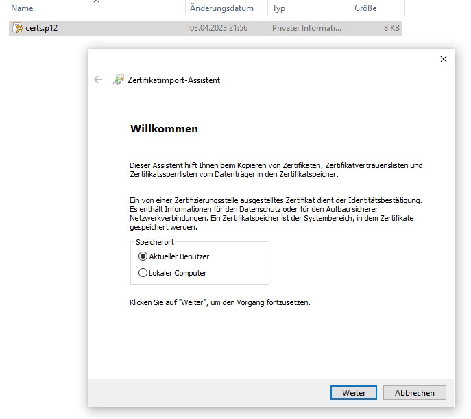 Installation des Zertifikats unter Windows