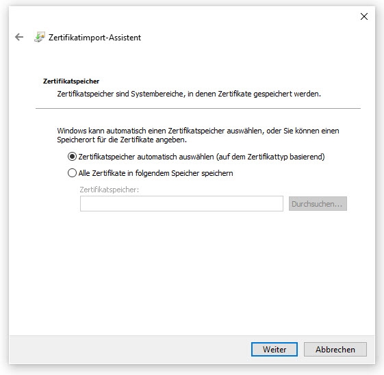 Auswahl des Zertfikatsspeichers