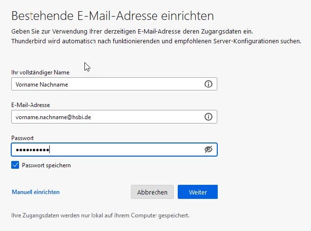 Thundebird: Persönliche Daten eingeben