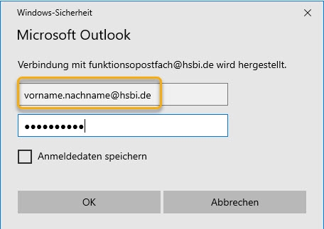 Outlook: Korrekte Anmeldung am Funktionspostfach