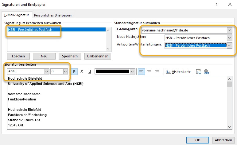 Outlook. Signatur eingeben