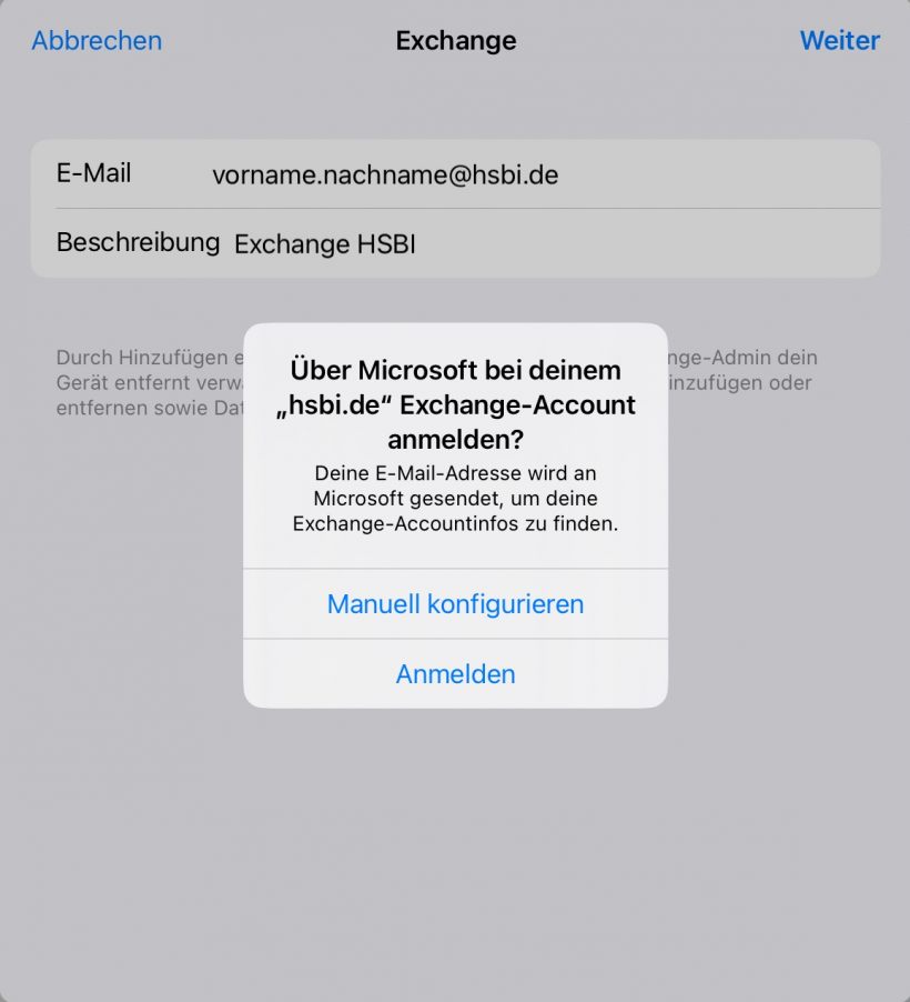 Hinweis Über Microsoft bei Exchange anmelden bestätigen