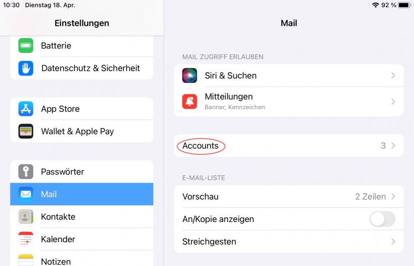 iOS: Mail, Accounts aufrufen