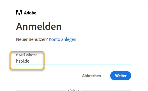 Adobe Acrobat: Anmeldung mit Domain hsbi.de