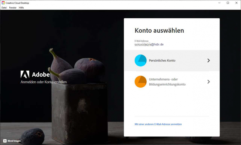 Adobe CC: Anmeldung mit persönlichem oder Unternehmenskonto