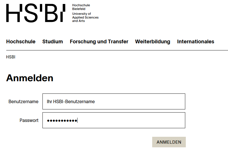 Login-Bereich der Hochschule Bielefeld