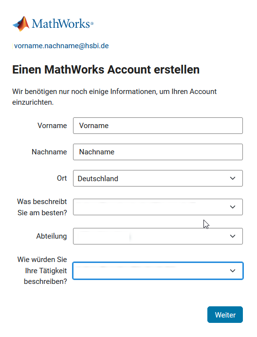 Konto-Erstellung bei MathWorks