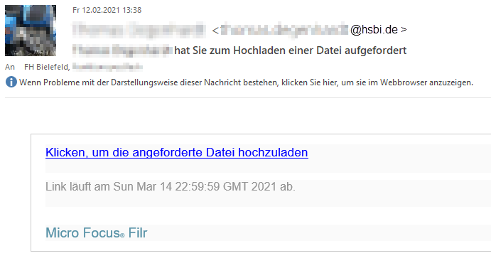 Filr: Aufforderungs-E-Mail zum Dateien hochladen