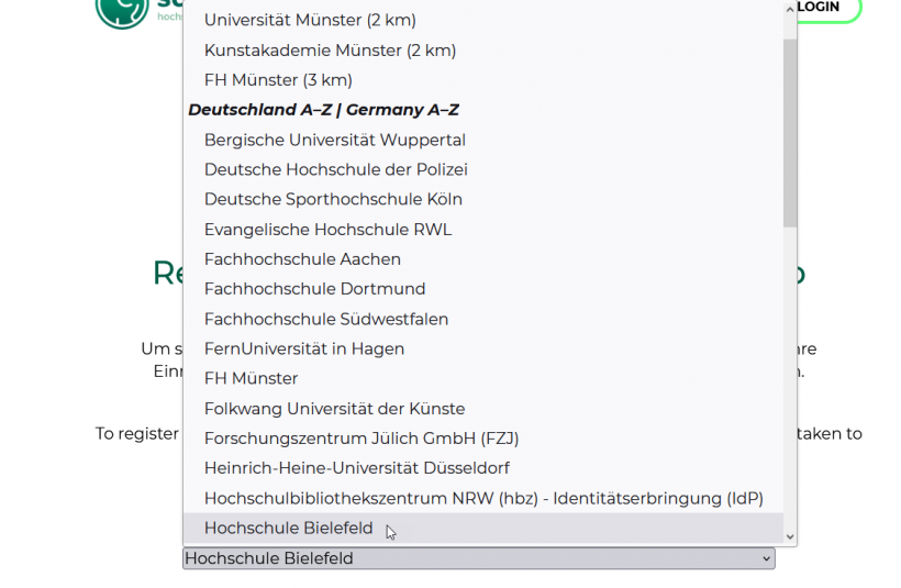 Sciebo - Auswahl der Organisation FH Bielefeld