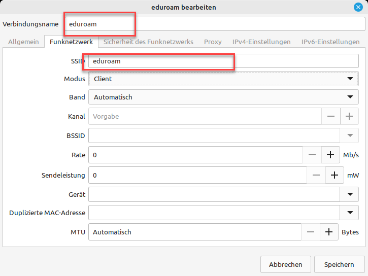 Verbindungsname und SSID eingeben