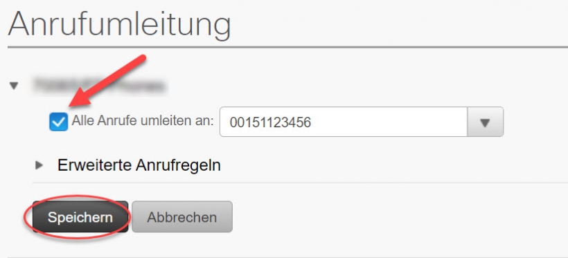 Screenshot: Auswahlfeld für die Rufumleitungen, hier alle Rufumleitungen umleiten an
