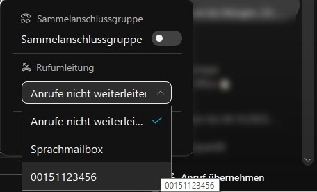 Screenshot: Anrufeinstellungen im Webex Client, Rufumleitungsziel auswählen