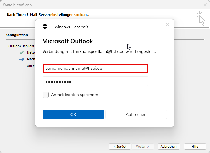 Outlook: Korrekte Anmeldung am Funktionspostfach