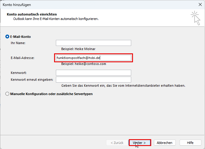 Outlook: E-Mail-Adresse des Funktionsportfachs eingeben