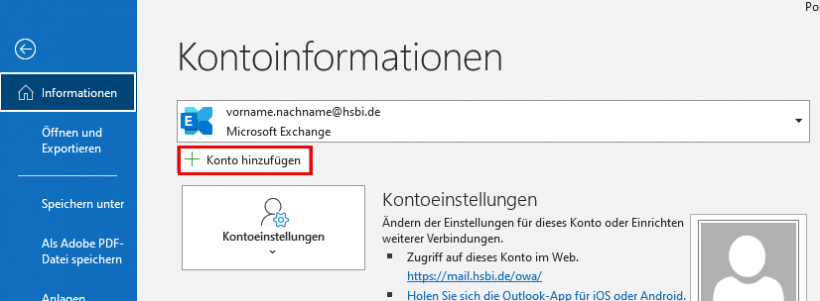 Outlook: Konto hinzufügen
