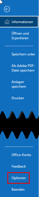 Outlook Menü: Auswahl von Datei, anschließend  Optionen