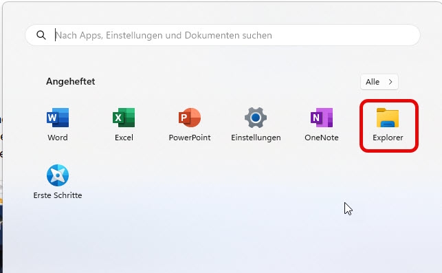 Windows Explorer über das Startmenü starten