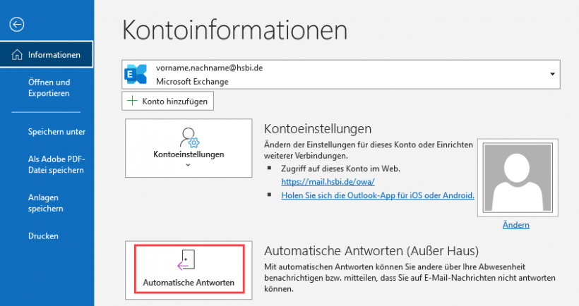 Kontoinformationen im Outlook Menü. Auswahl von Automatische Antworten