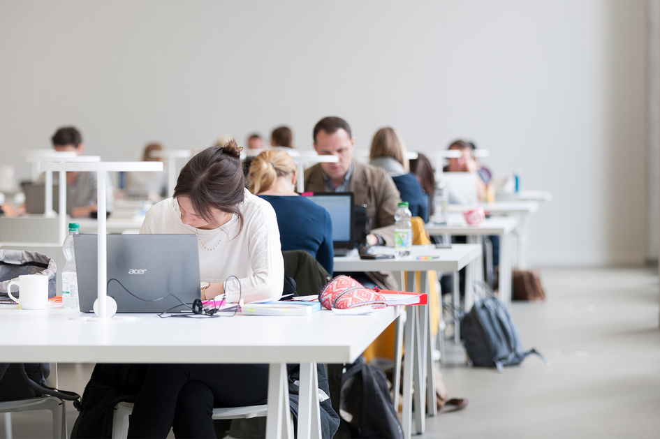 Studierende sitzen lernend in der Hochschulbibliothek.