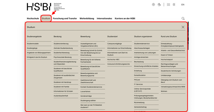 Ausklappmenü Studium markiert